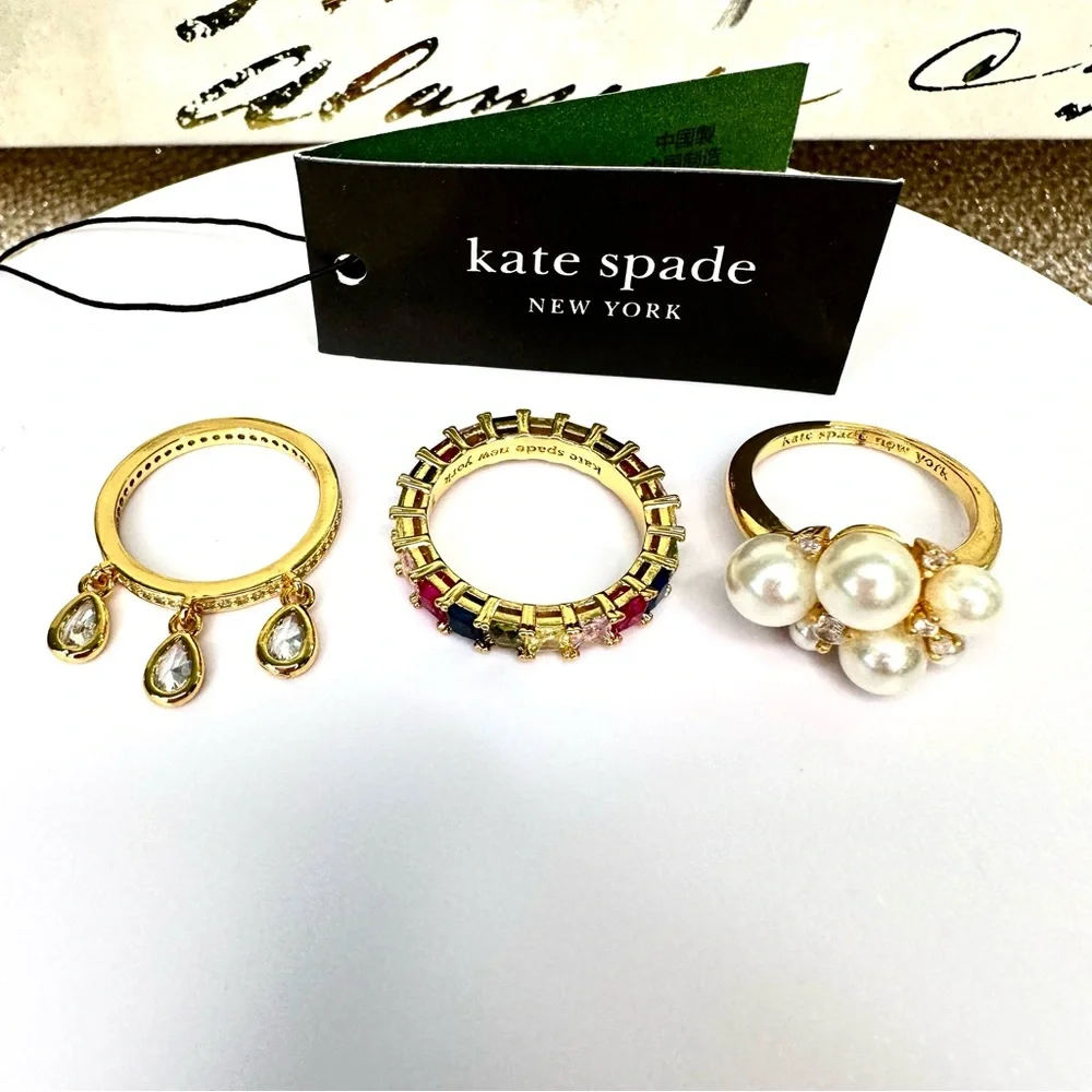 Kate Spade rain or shine stacking Goldtone Ring Set with Pearl & Crystals Size 7
